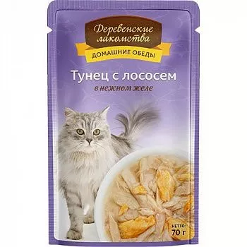 Деревенские лакомства пауч для кошек Тунец с лососем в желе 70гр  