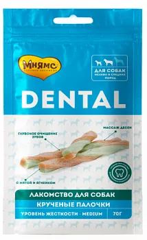 Мнямс DENTAL лакомство для собак "Крученые палочки" с ягненком и мятой 70 г